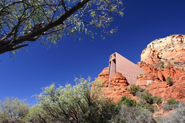 A long shot image of the Chapel of the Holy Cross, sometimes called Chapel of the Rocks, in Sedona Arizona